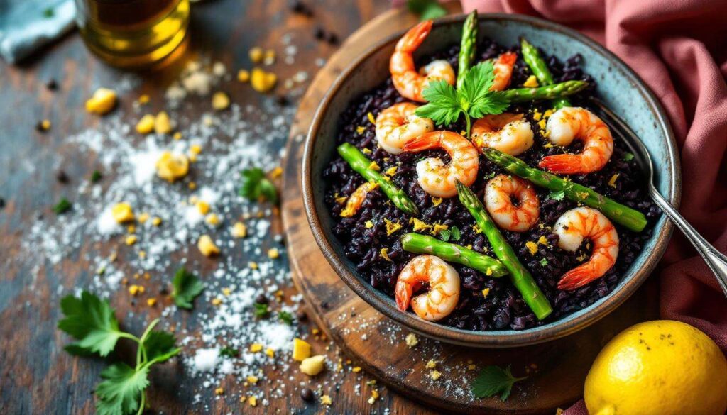 Insalata di riso venere con asparagi e gamberi, il piatto unico del 1° maggio