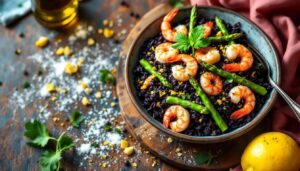 Insalata di riso venere con asparagi e gamberi, il piatto unico del 1° maggio